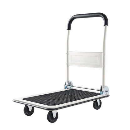 Start2Finish VEVOR foldable push cart dolly with swivel wheels, 330 lbs load capacity, space-saving flatbed platform for moving.