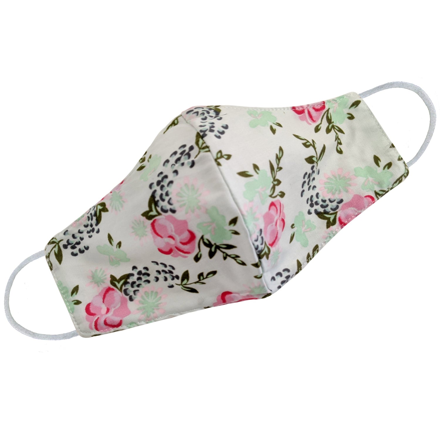 Light green floral face mask for women by Cyan Poppy featuring pink and green flower patterns.