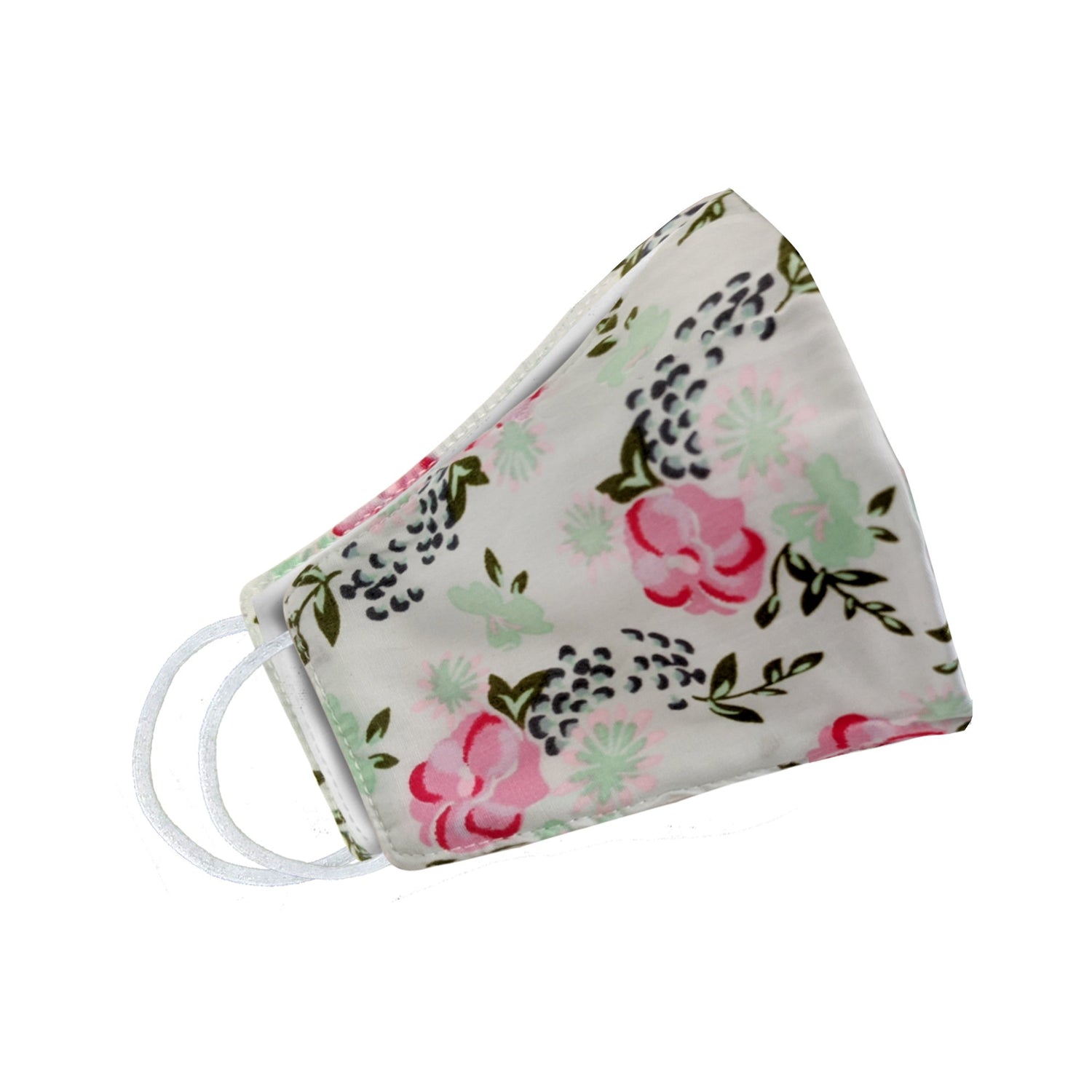 Light green floral face mask for women by Cyan Poppy featuring pink and green flower patterns, shown from a side angle.