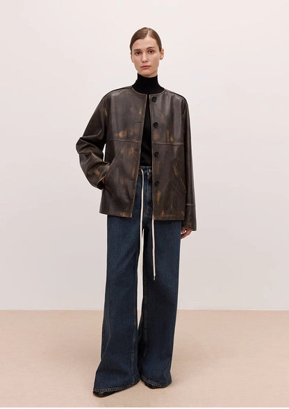 Brown Coeus Retro Blues high waist pleated casual jacket with wide design, washed denim look, stylish and comfortable for everyday wear.