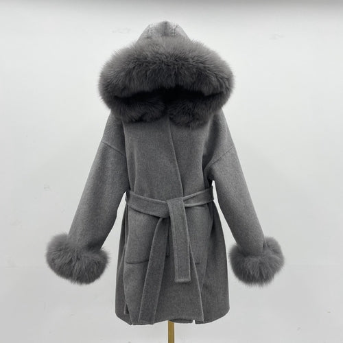 Carmine Juneberry oversized wool coat with hood and double-sided fur collar, offering luxurious warmth and stylish winter coverage.