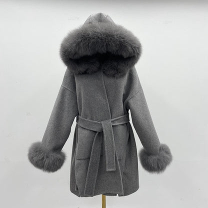 Carmine Juneberry oversized wool coat with hood and double-sided fur collar, offering luxurious warmth and stylish winter coverage.