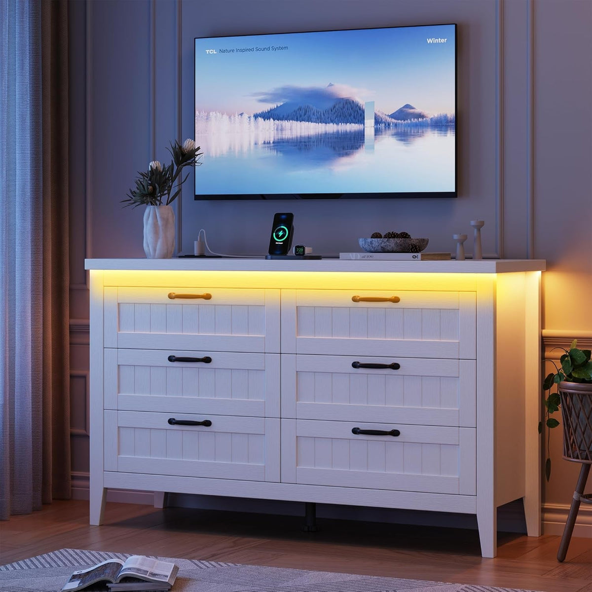 White Slim Modern Six Drawer Dresser With USB Charging