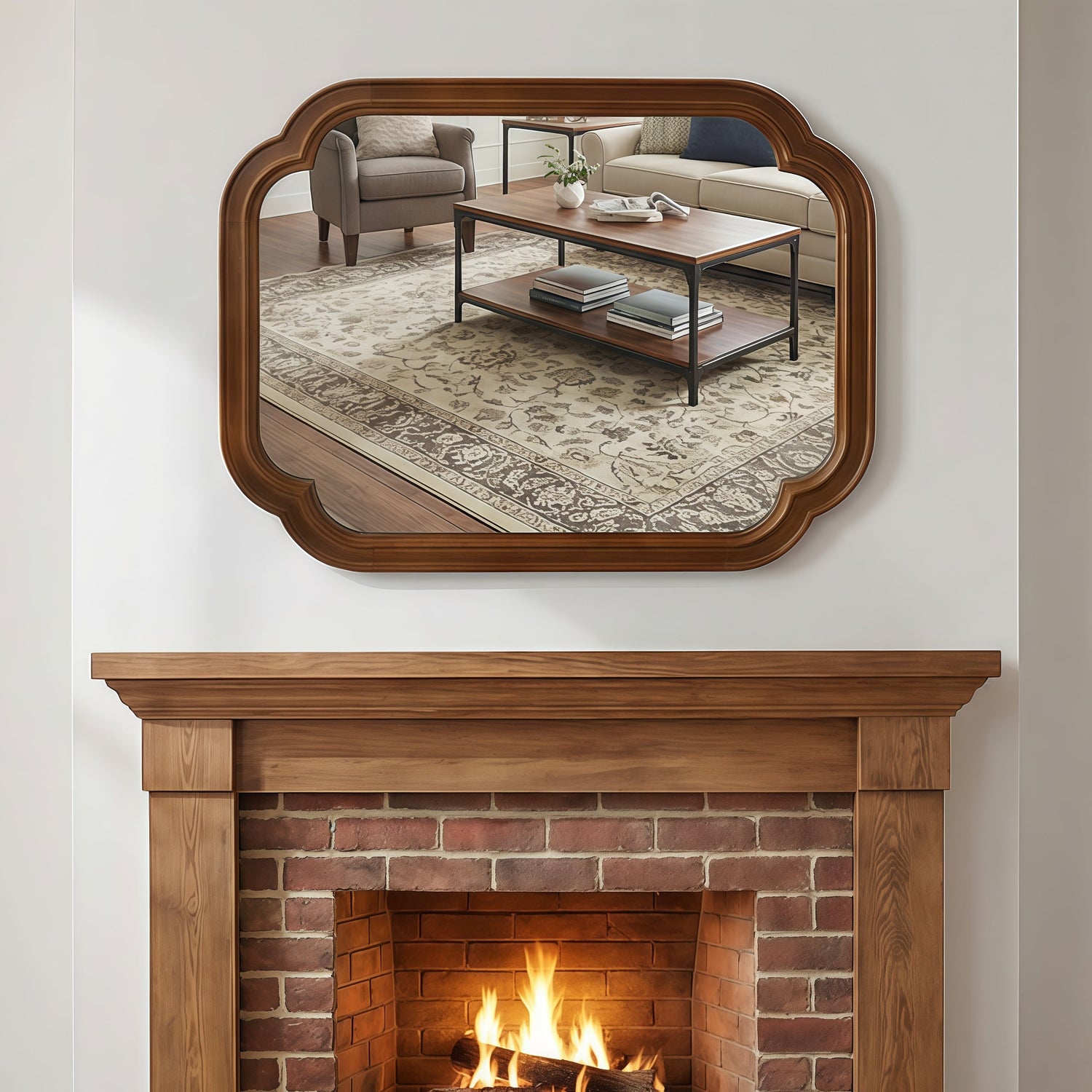 Sangria Beech solid wood framed decorative mirror with rounded corners, ideal for bedroom wall decoration.
