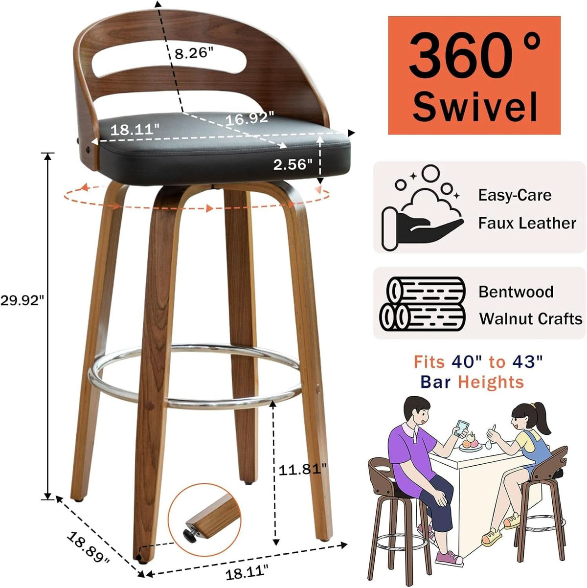 Bar Stools Set Of 2 Black Swivel For Home Bar Counter