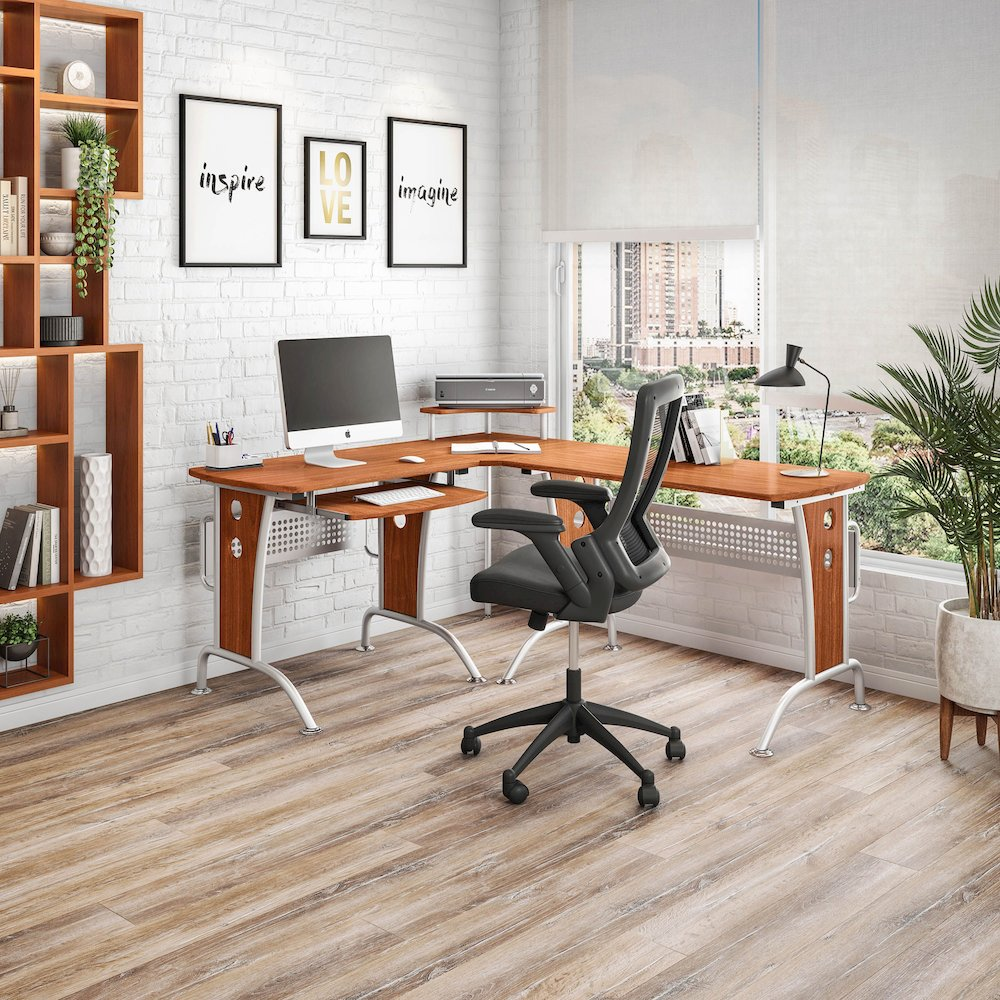 Techni Mobili Deluxe L-Shaped Desk with Inline Team Desk option, featuring spacious wood surface and modern office design.