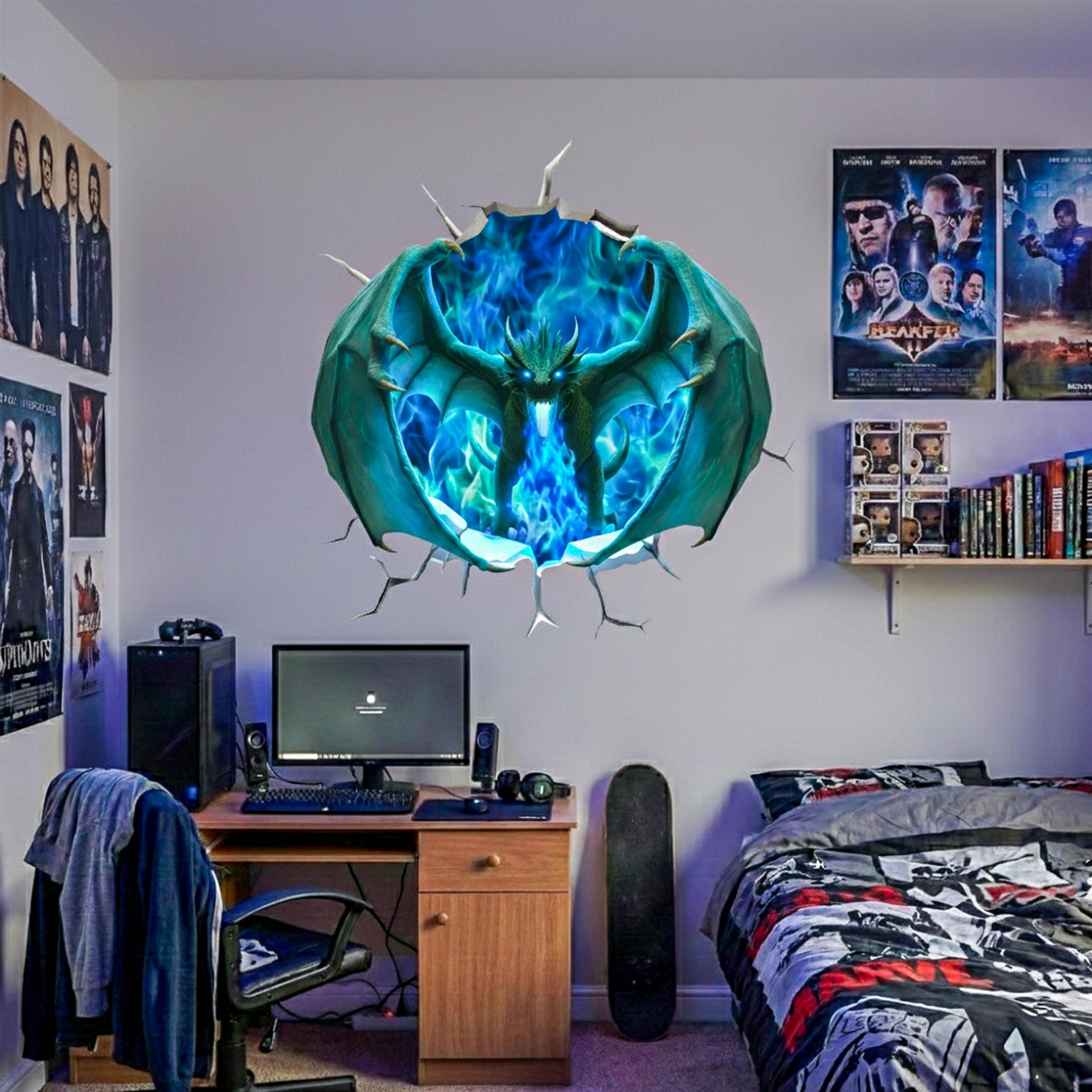 3D blue fire dragon wall decal by Start2Finish featuring a fantasy portal mural for teen boys&