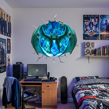 3D blue fire dragon wall decal by Start2Finish featuring a fantasy portal mural for teen boys&