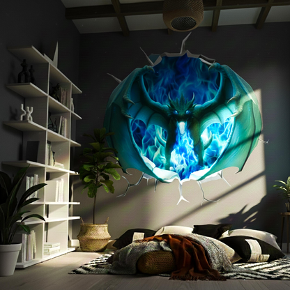 3D blue fire dragon wall decal by Start2Finish, epic fantasy portal mural for teen boys&