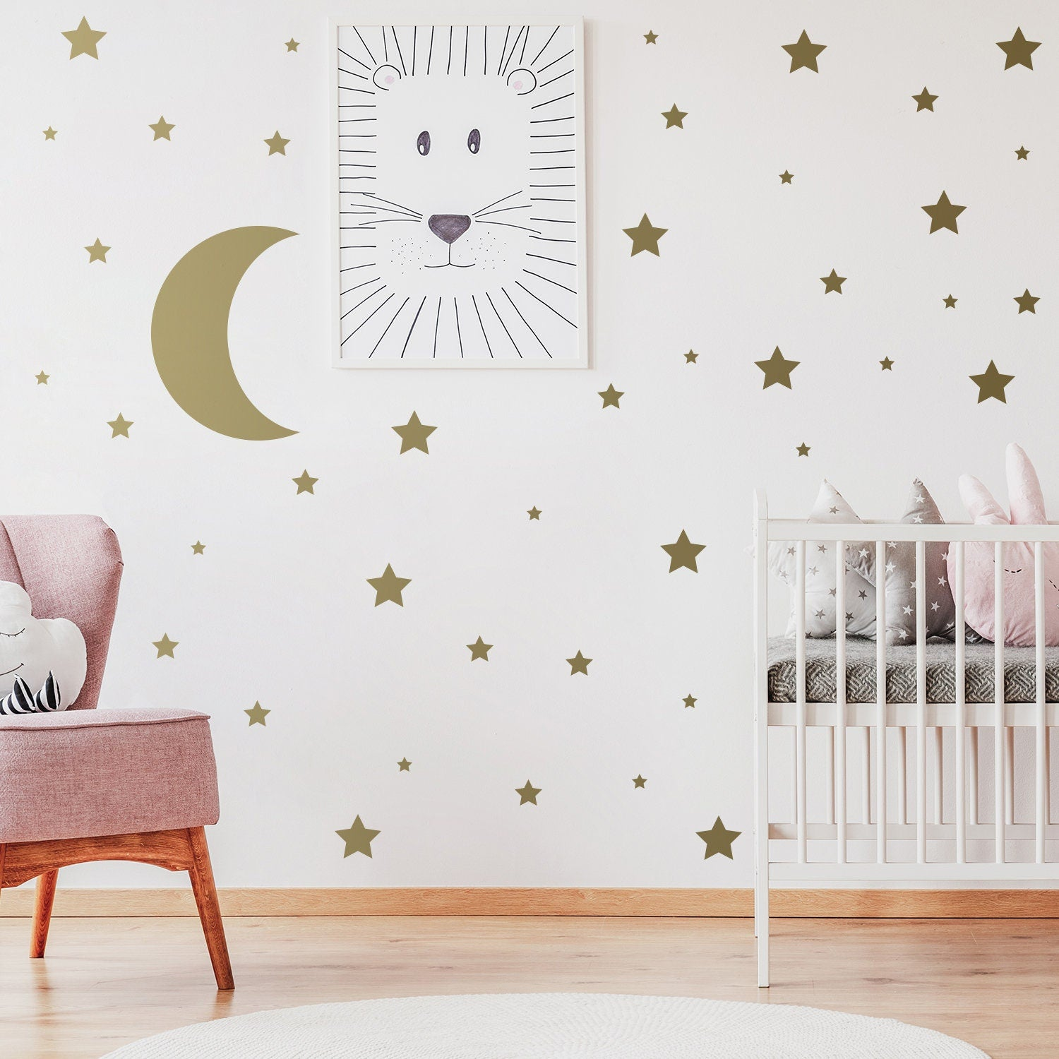 Gold crescent moon wall stickers set featuring 115 stars for baby shower or nursery decor, made of decorative vinyl decals.