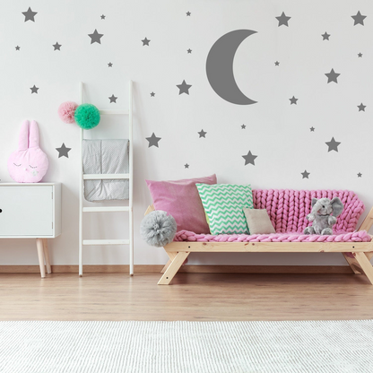 Gold crescent moon wall sticker set with 115 stars, decorative vinyl decals for nursery or baby shower decor by Start2Finish