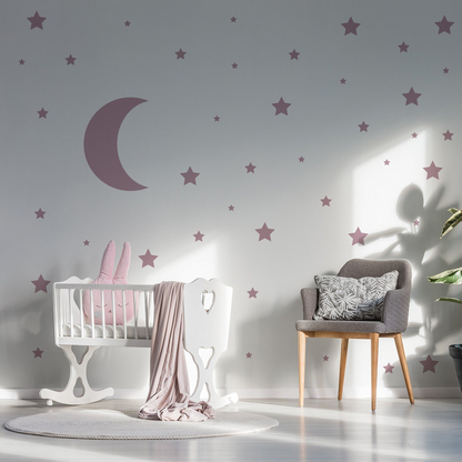Gold crescent moon wall sticker set featuring 115 star decals for nursery decor, perfect for baby shower or bedroom decoration.