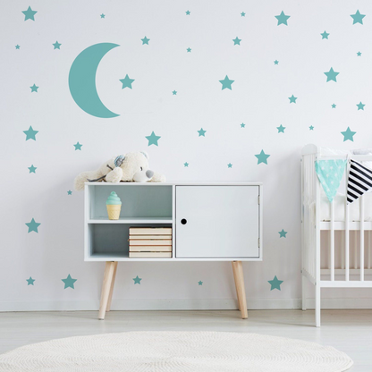 Gold crescent moon and star wall stickers for nursery decor, featuring a baby shower moon set with twinkle and cute celestial design.