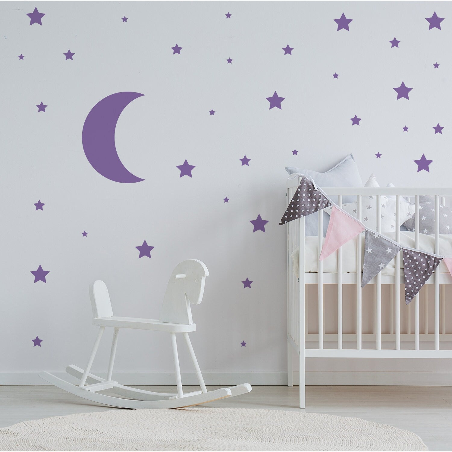 Gold crescent moon wall sticker set featuring 115 star decals, perfect for baby nursery decor and baby shower decoration.