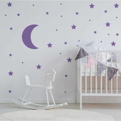 Gold crescent moon wall sticker set featuring 115 star decals, perfect for baby nursery decor and baby shower decoration.