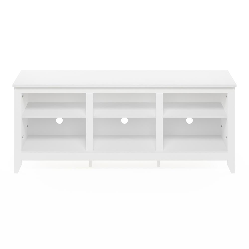 Start2Finish Furinno Jensen TV entertainment center in solid white, designed for TVs up to 65 inches, with open shelving.
