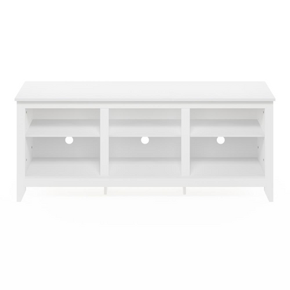 Start2Finish Furinno Jensen TV entertainment center in solid white, designed for TVs up to 65 inches, with open shelving.