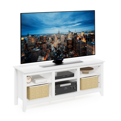 Start2Finish Furinno Jensen white TV entertainment center for up to 65 inch TVs, modern furniture with open storage compartments.