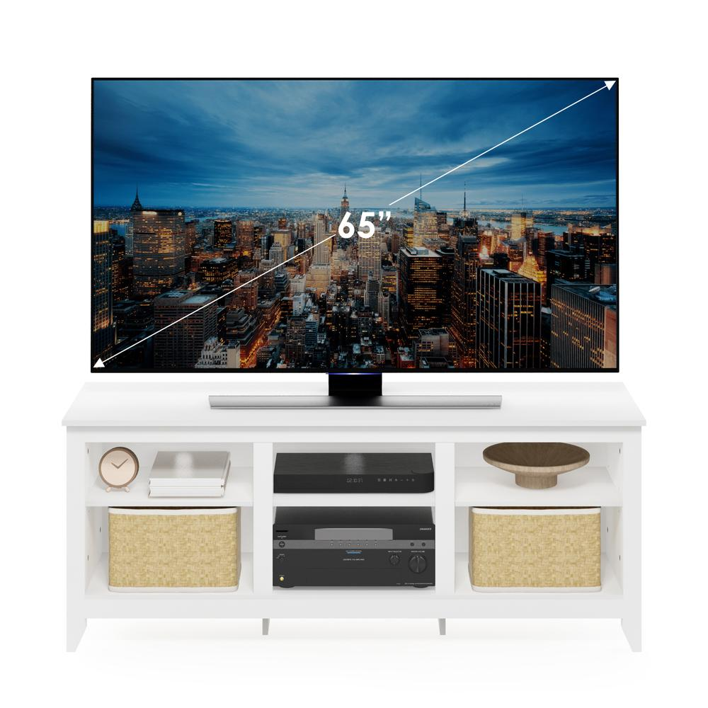 White Furinno Jensen TV entertainment center for 65-inch TVs, featuring a modern furniture design with open shelves.