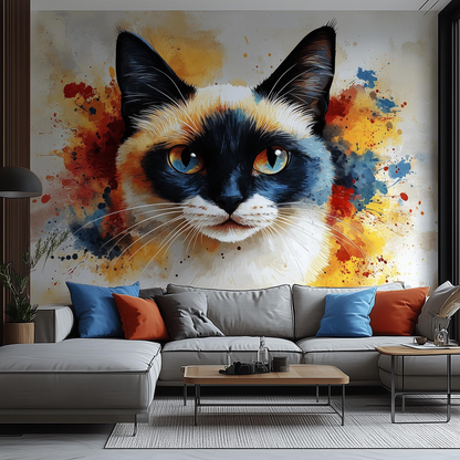 Colorful Siamese cat wall decal featuring blue eyes, watercolor style animal mural for living room or bedroom decor.