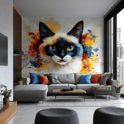Colorful watercolor Siamese cat face wall decal with blue eyes, vinyl sticker art for living room or bedroom decor.