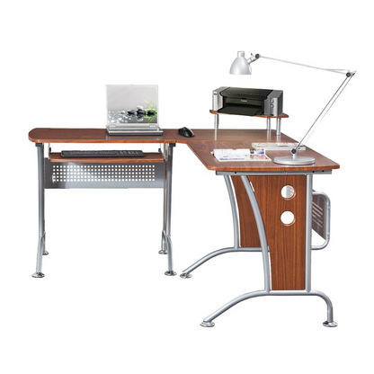 Start2Finish Techni Mobili Deluxe L-Shaped Desk with inline team desk option, featuring sleek wood finish and spacious workspace.