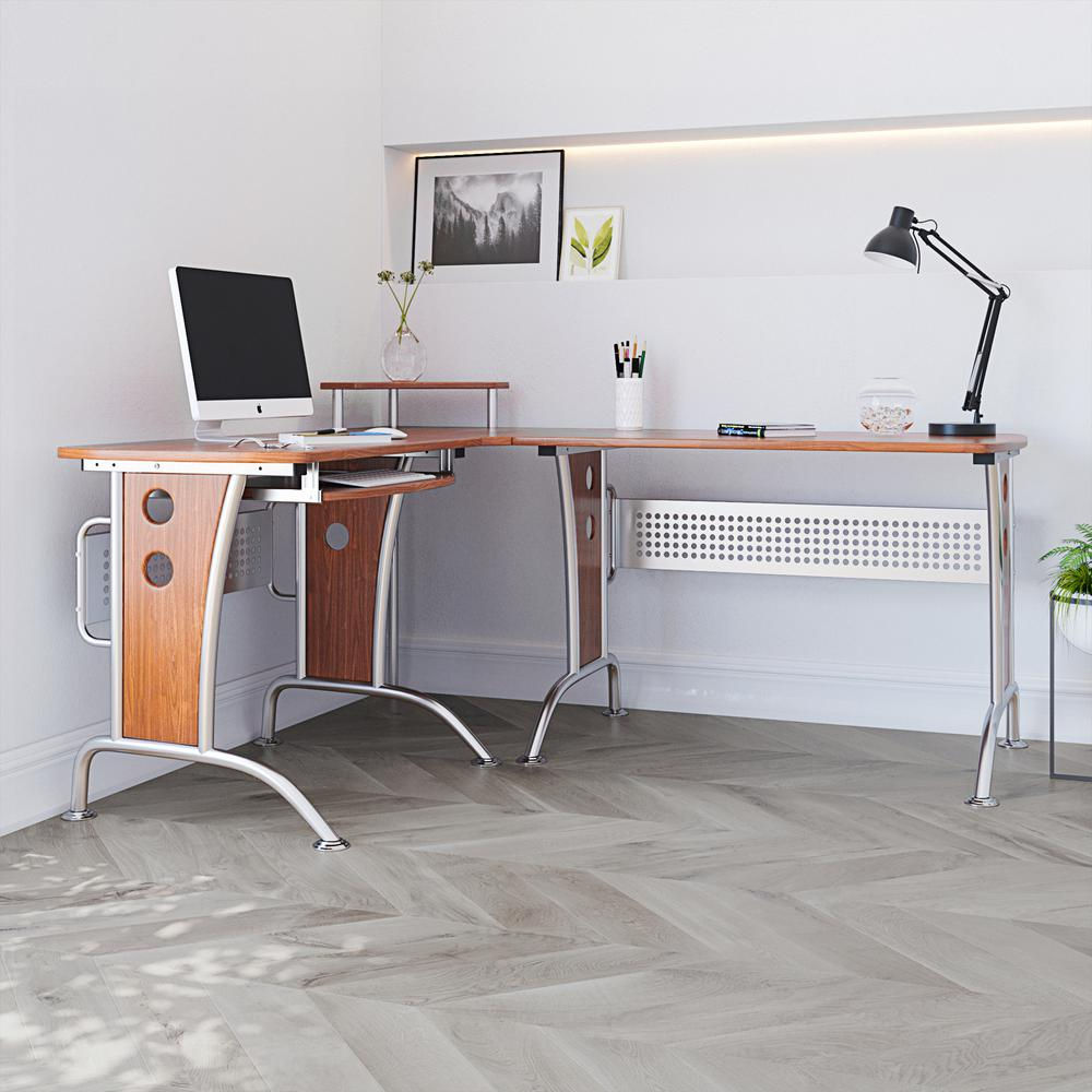 Techni Mobili Deluxe L-Shaped Desk with inline team desk option, featuring wood finish and spacious work surface.