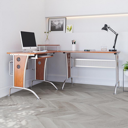 Techni Mobili Deluxe L-Shaped Desk with inline team desk option, featuring wood finish and spacious work surface.
