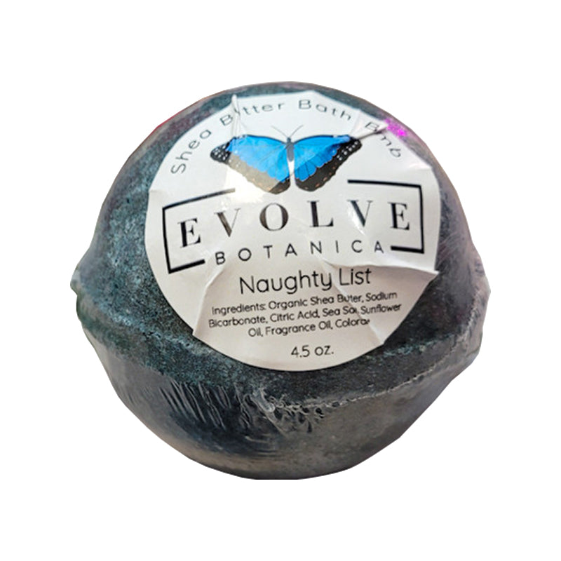 Start2Finish Naughty List bath bomb with colorful swirls and festive packaging for a relaxing bath experience.