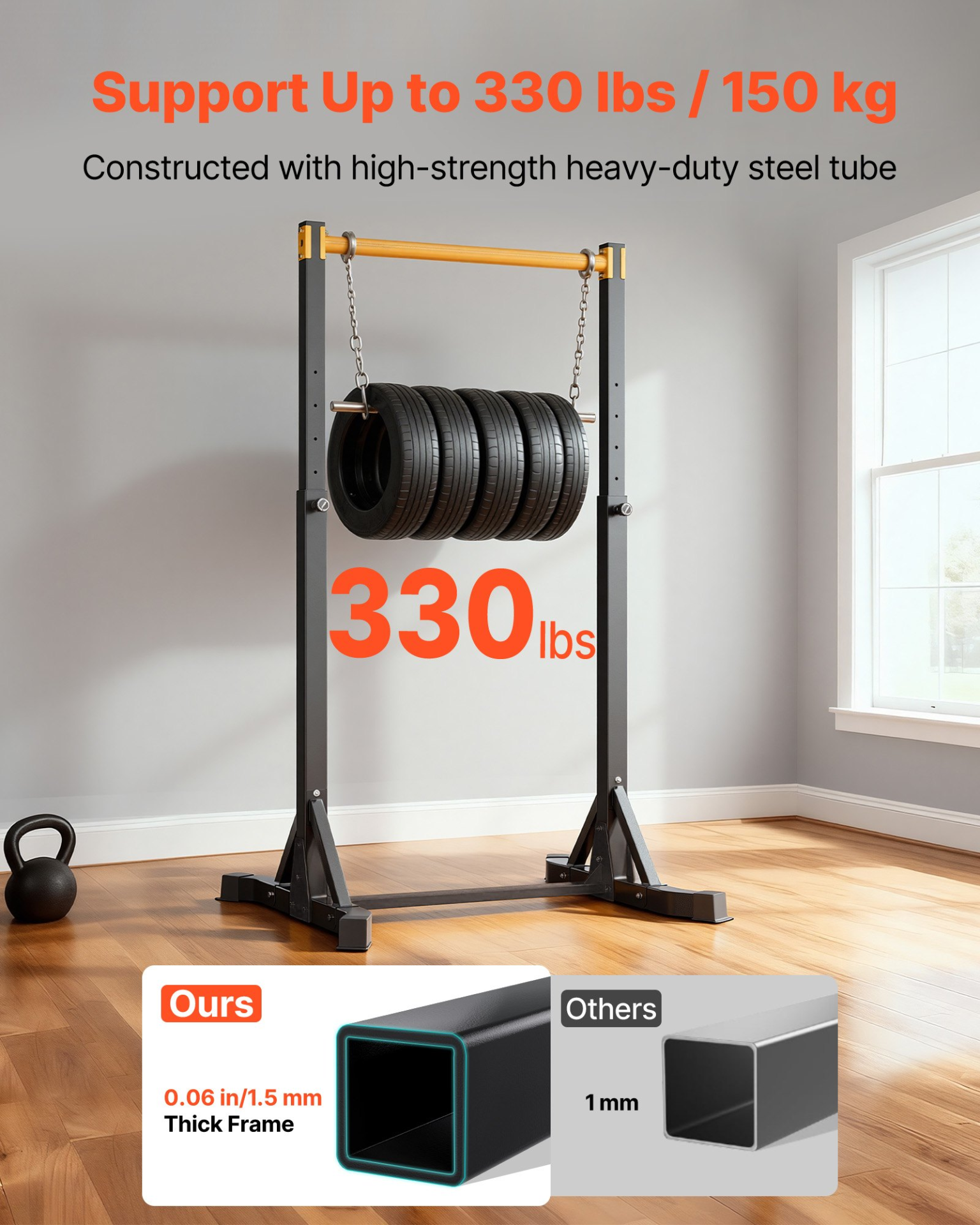 Start2Finish VEVOR portable pull-up bar with H-frame, heavy-duty steel, 8 height levels, for arms, back, and chest workouts.
