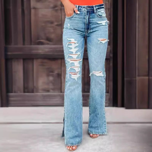 Carmine Juneberry high waist ripped split stretch jeans for women, showcasing distressed details and fitted style.