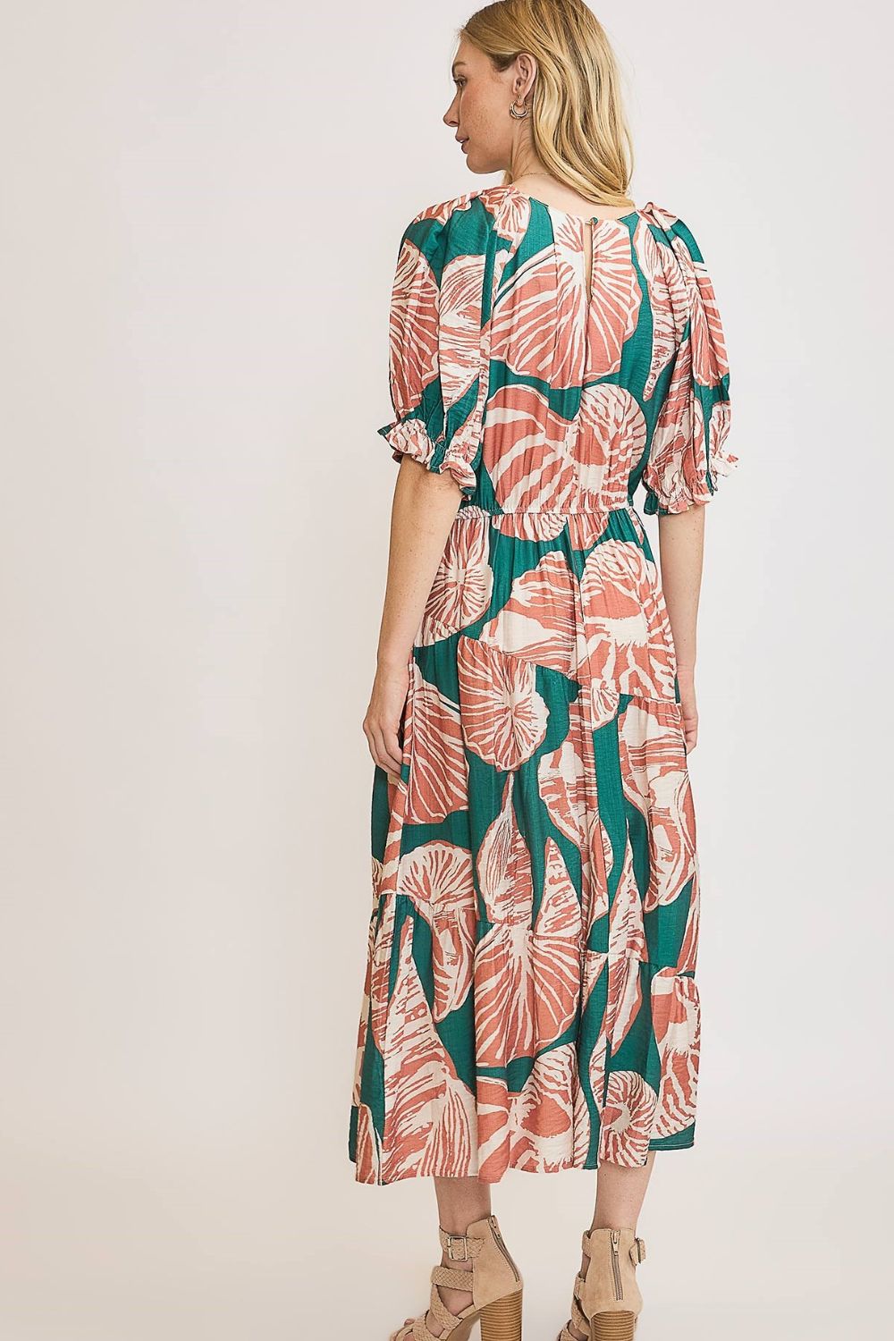 Full-size printed notched puff sleeve midi dress by Umgee, featuring a stylish automotive-inspired design.