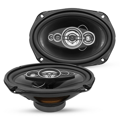 Pair of 6x9 automotive coaxial car speakers from Start2Finish with 800W power, 4 Ohm impedance, and super tweeters.