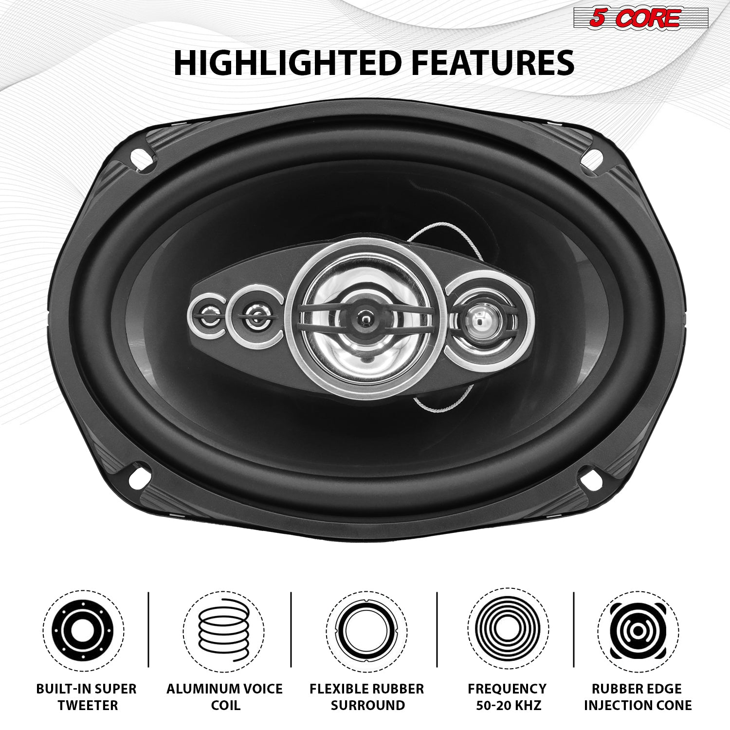 Pair of 5Core 6x9 automotive coaxial car speakers with super tweeters, 800W power, 4Ohm impedance, suitable for vehicles.