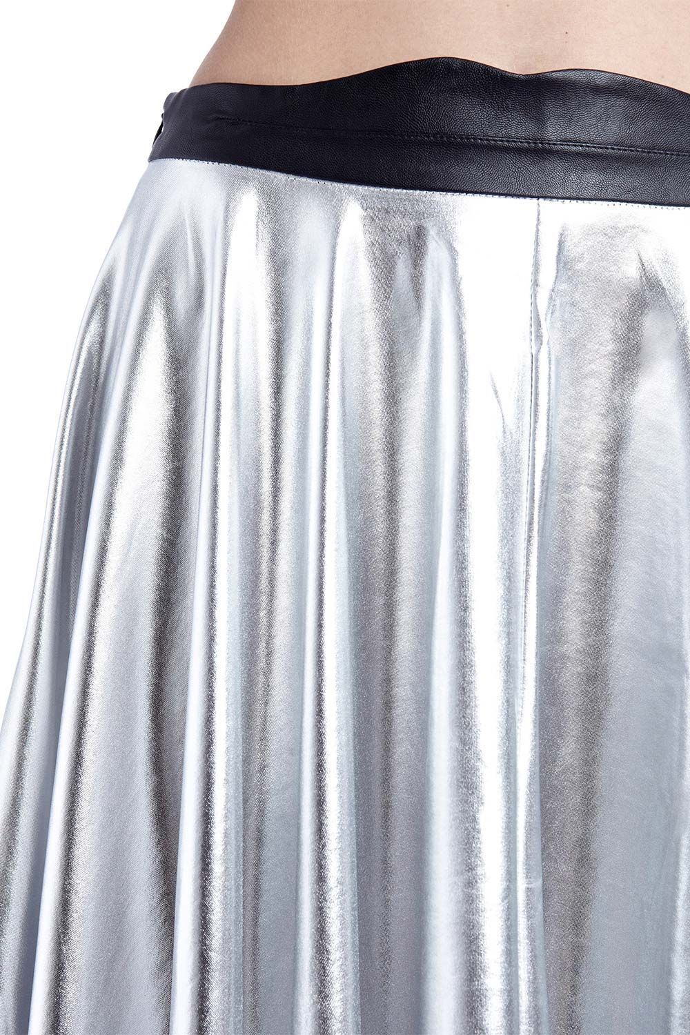 Silver metallic pleated midi skirt by Erin Theia, showcasing shiny fabric and flowing pleats in a stylish fashion accessory.