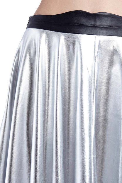 Silver metallic pleated midi skirt by Erin Theia, showcasing shiny fabric and flowing pleats in a stylish fashion accessory.