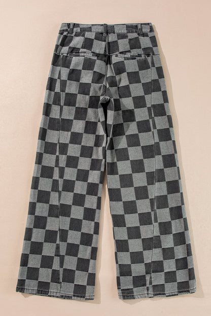 Dark grey checkered denim wide-leg jeans for women by Ruby Styx, showcasing the relaxed fit and stylish pattern.