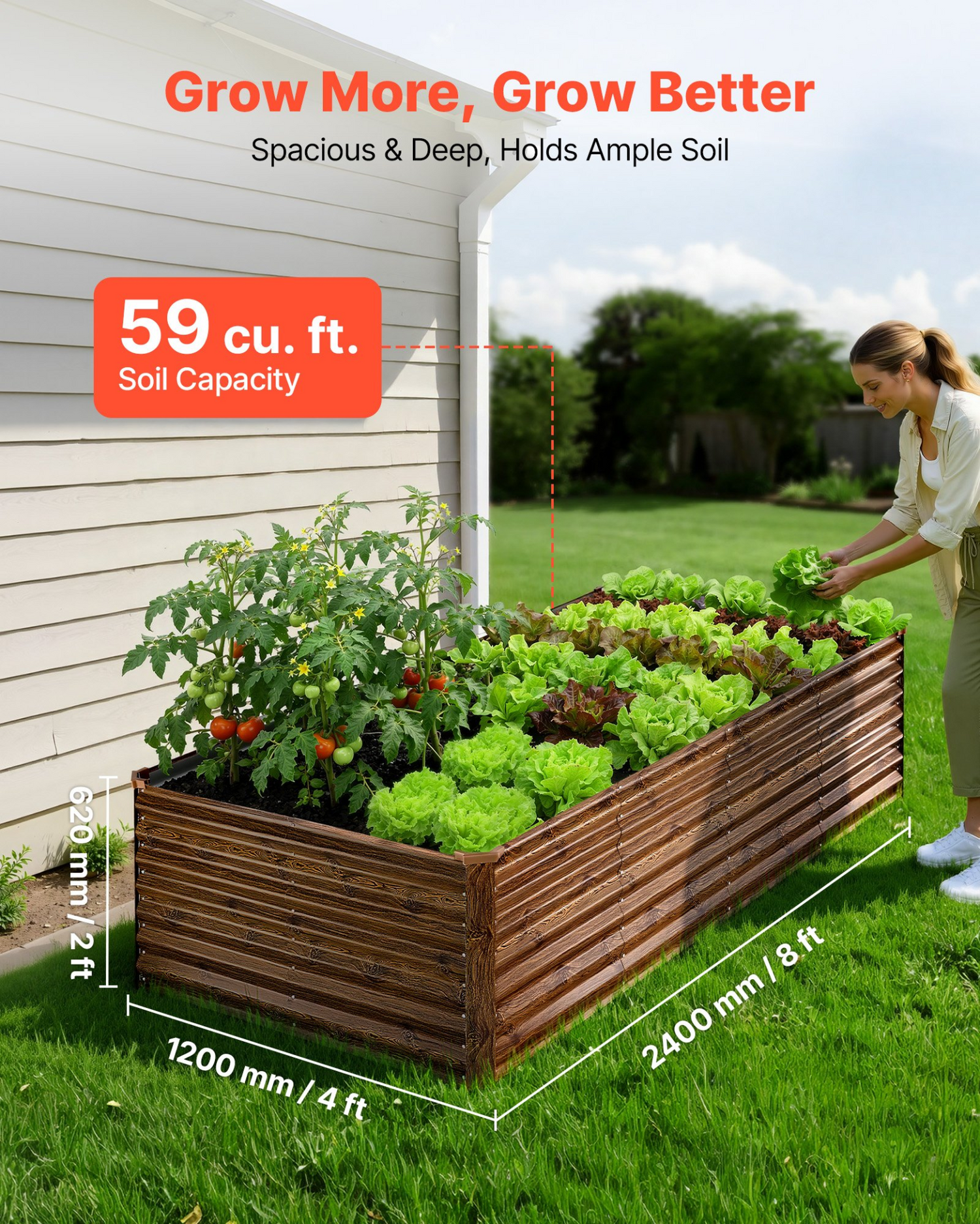Start2Finish galvanized raised garden bed, 8x4x2 ft metal planter box with deep wood grain finish, ideal for growing flowers and vegetables outdoors.
