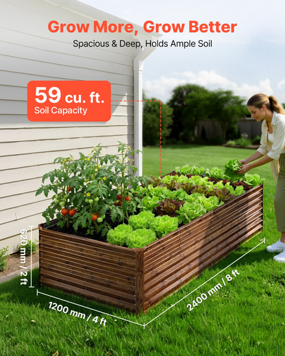 Start2Finish galvanized raised garden bed, 8x4x2 ft metal planter box with deep wood grain finish, ideal for growing flowers and vegetables outdoors.