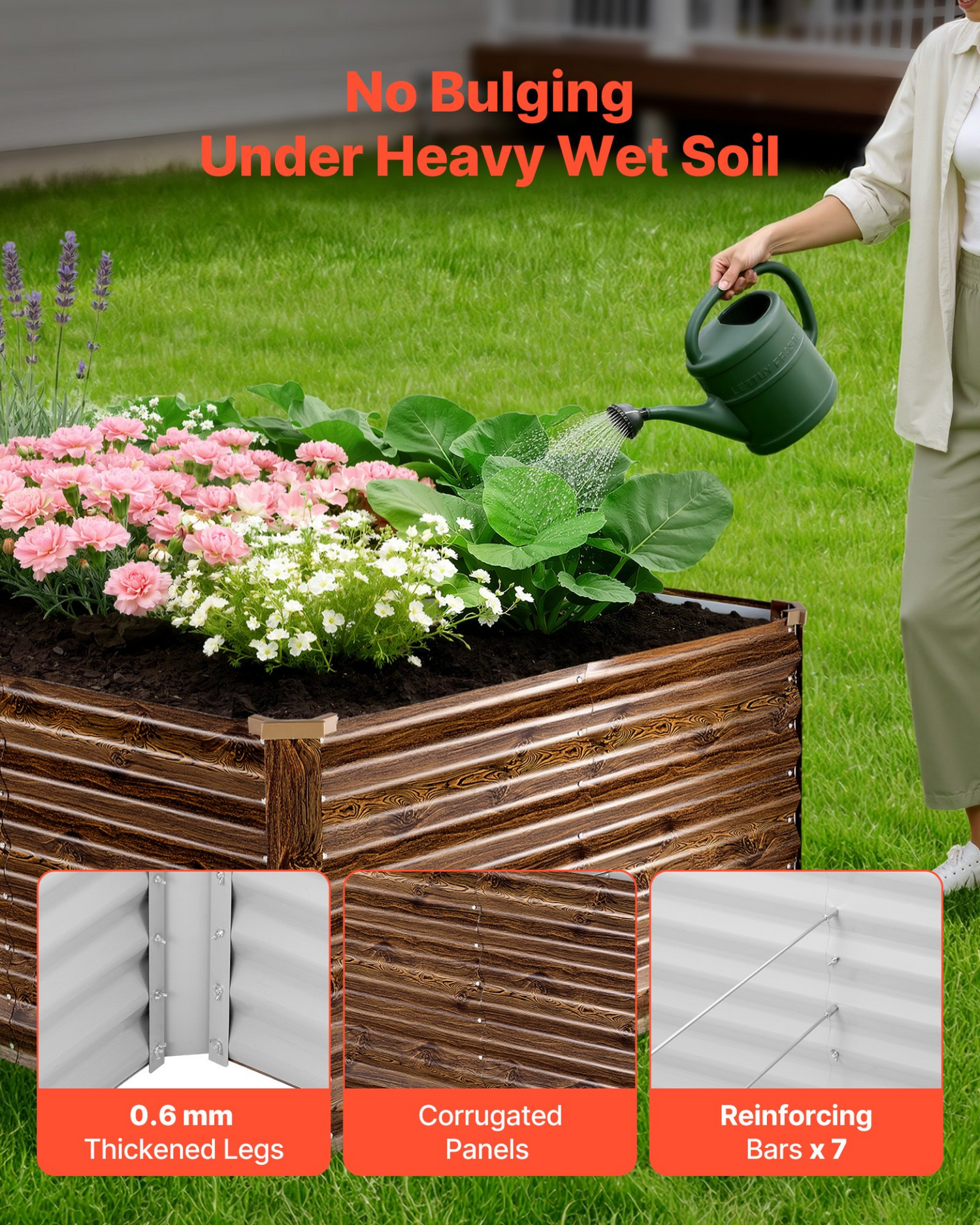 Start2Finish galvanized raised garden bed in rectangular shape, 8x4x2 ft, with deep wood grain finish for outdoor vegetable and flower planting