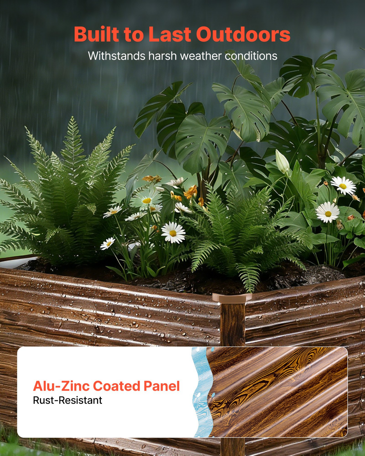 Start2Finish galvanized raised garden bed, 8x4x2 ft metal planter box with wood grain finish for outdoor flowers and vegetables.