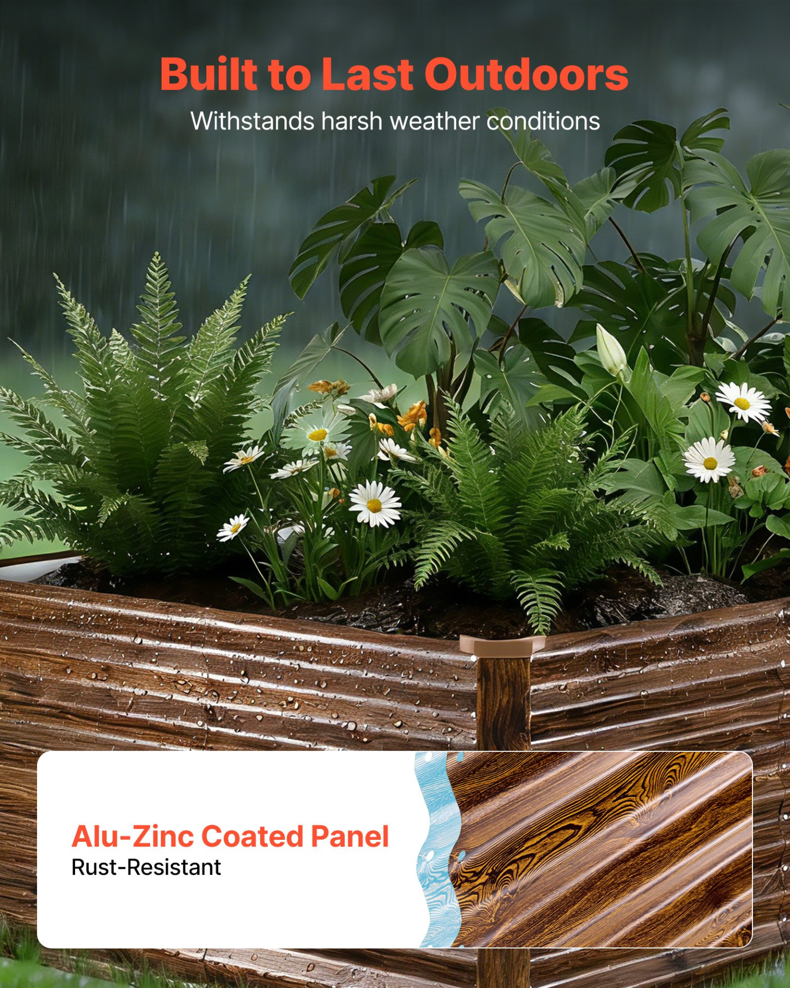 Start2Finish galvanized raised garden bed, 8x4x2 ft metal planter box with wood grain finish for outdoor flowers and vegetables.