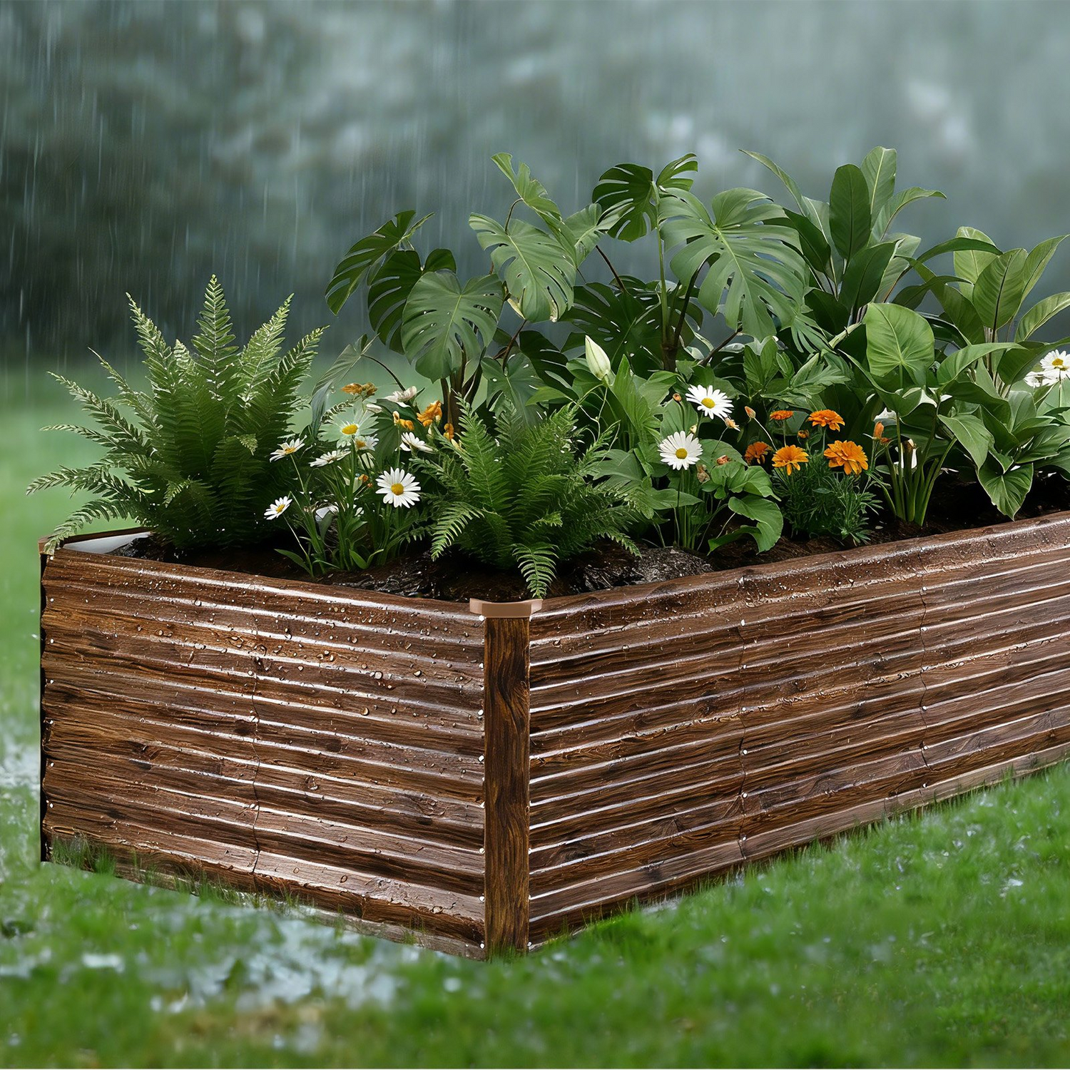 Galvanized raised garden bed by VEVOR, 8x4x2 ft, rectangular metal planter box with deep wood grain finish and gardening gloves included.