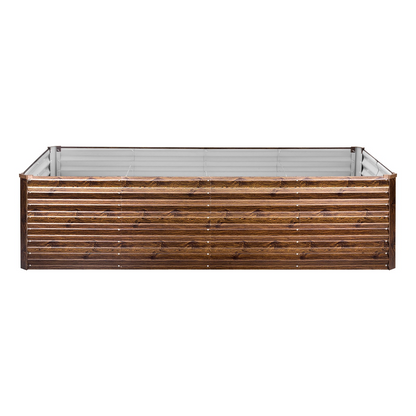 Start2Finish galvanized raised garden bed, 8x4x2 ft rectangular metal planter box with wood grain finish for outdoor vegetable and flower planting.
