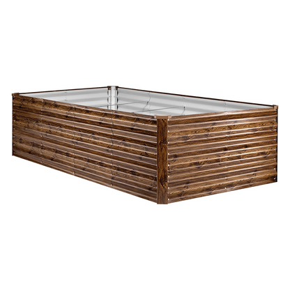 Start2Finish galvanized raised garden bed, 8x4x2 ft, rectangular metal planter box with wood grain finish for outdoor flowers and vegetables.