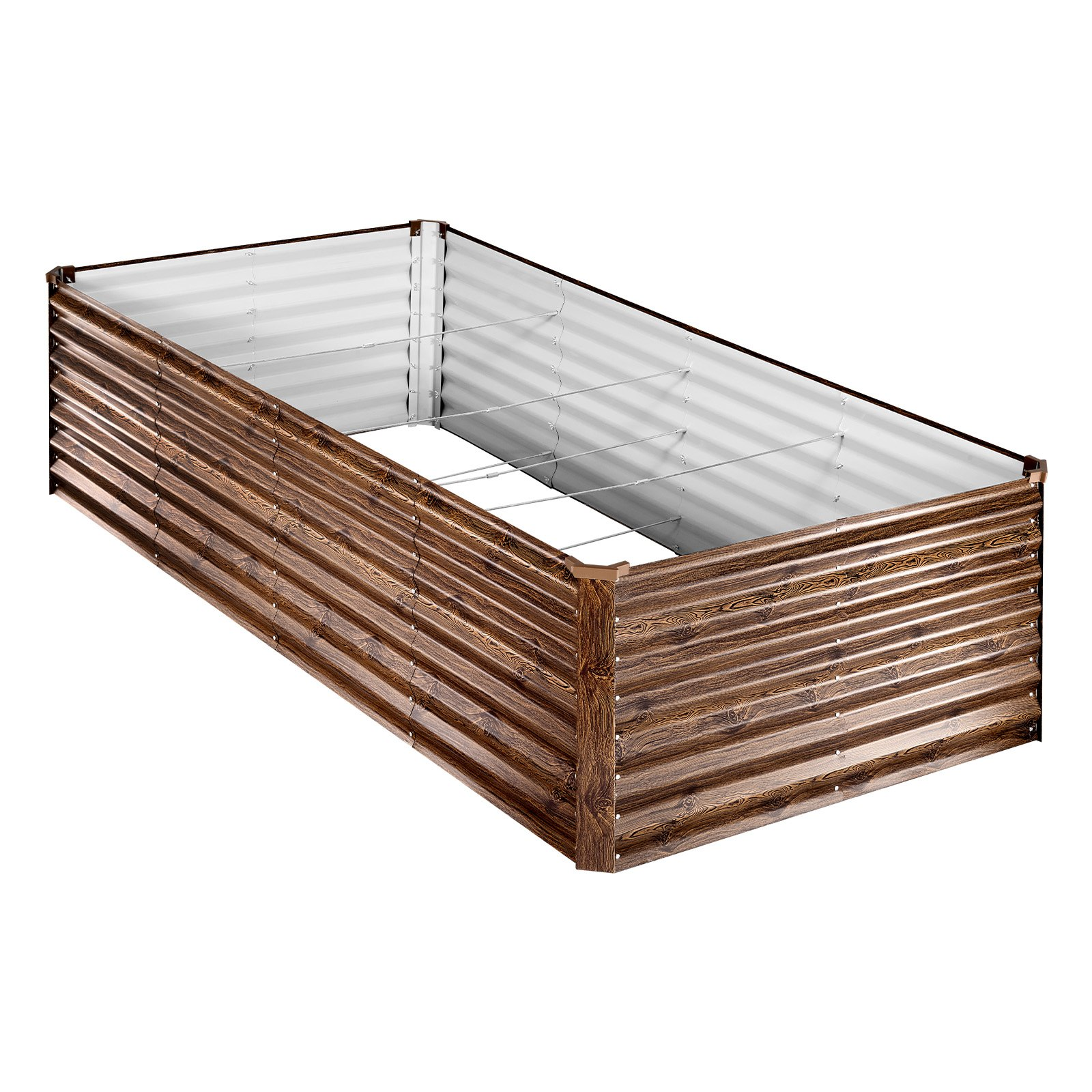 Start2Finish galvanized raised garden bed, 8x4x2 ft metal planter box with gloves, suitable for flowers and vegetables, deep wood grain finish.