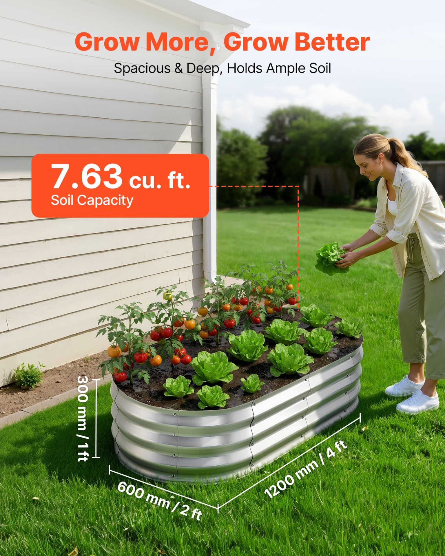 Start2Finish VEVOR galvanized oval garden beds, 4x2x1 ft with gloves, silver metal planter boxes for flowers, fruits, and vegetables.