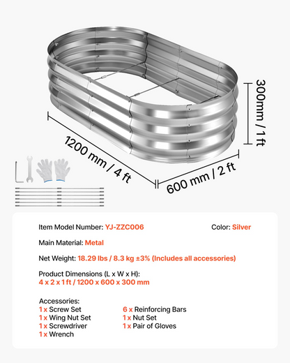 Start2Finish galvanized oval garden beds, 4x2x1 ft, outdoor metal planter boxes for flowers, fruits, and vegetables in silver.