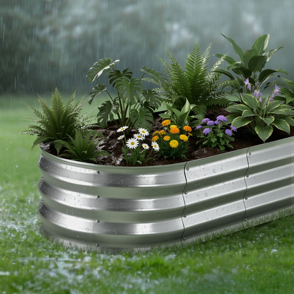 Two galvanized oval garden beds by Start2Finish, 4x2x1 ft, outdoor metal planter boxes with gloves, ideal for flowers, fruits, and vegetables.