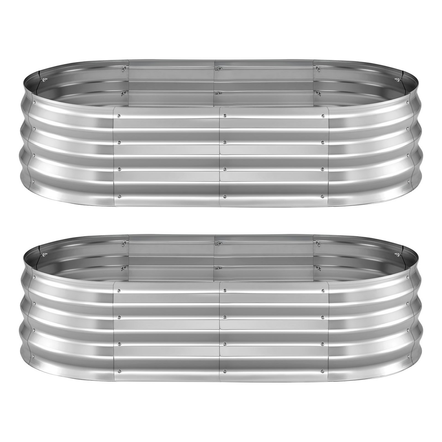 Start2Finish VEVOR galvanized raised garden beds; oval metal planter boxes with gloves, suitable for flowers, fruits, and vegetables.